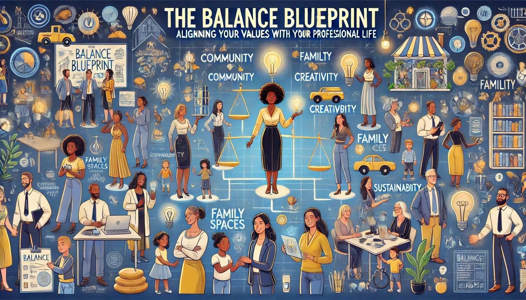 Illustrated blueprint of people balancing family, community, creativity, and sustainability in a professional setting.