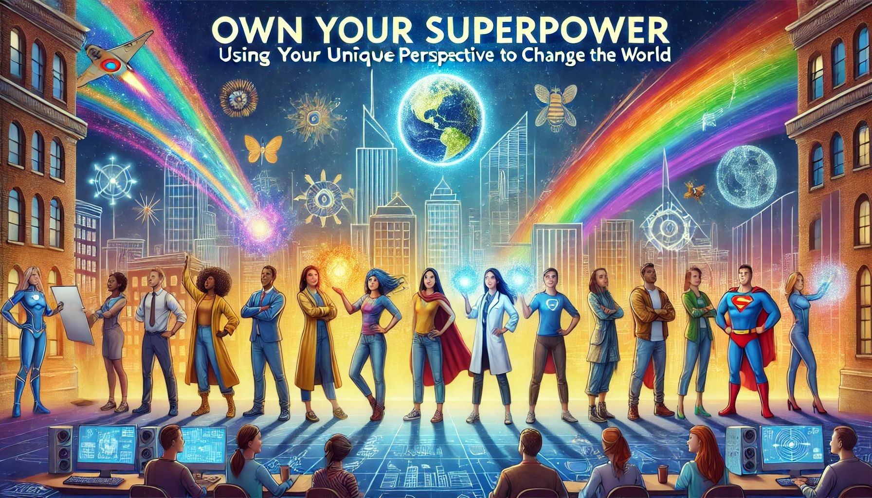 Group of diverse people in superhero attire standing under a rainbow with cityscape and Earth in the background.