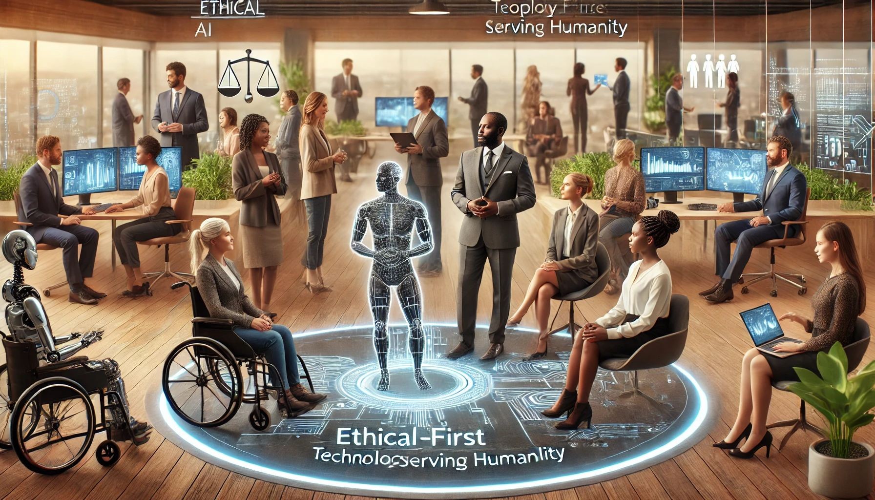 Group of diverse professionals discussing ethical AI in a modern office with holographic technology and screens.