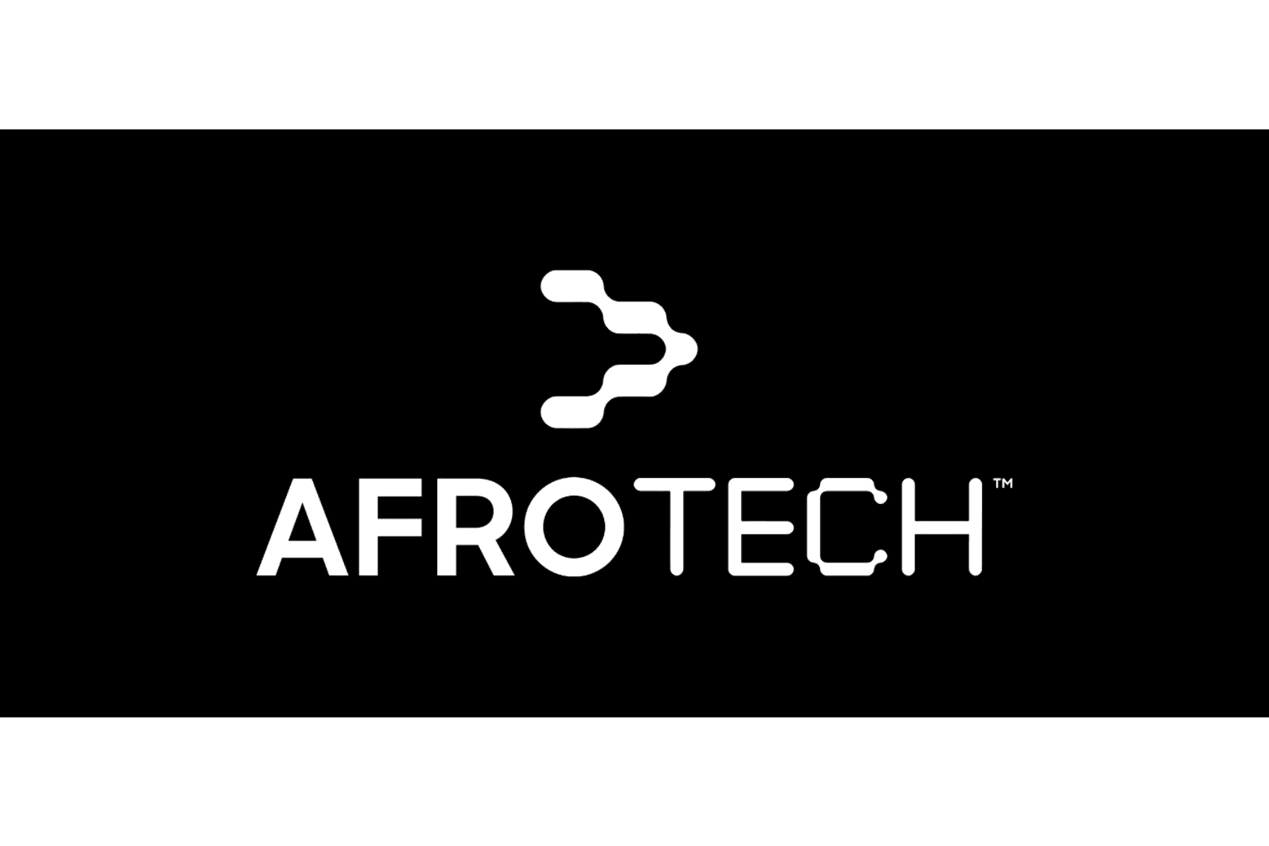 Logo with text 'AfroTech' and abstract symbol above on black background.