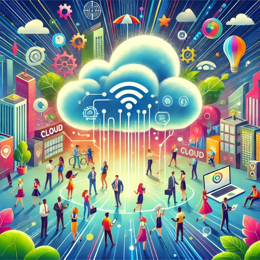 Illustration of people interacting with cloud technology in a vibrant cityscape, depicting digital connectivity.